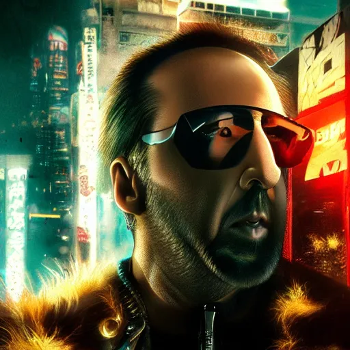 Image similar to nicolas cage, cyberpunk