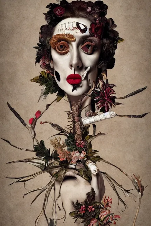 Prompt: Detailed maximalist portrait a Greek god with large lips wearing lipstick, smoking and with large white eyes, exasperated expression, skeletal with extra fleshy bits, botany, high fashion HD mixed media 3d collage, highly detailed and intricate, surreal illustration in the style of Caravaggio, dark art, baroque