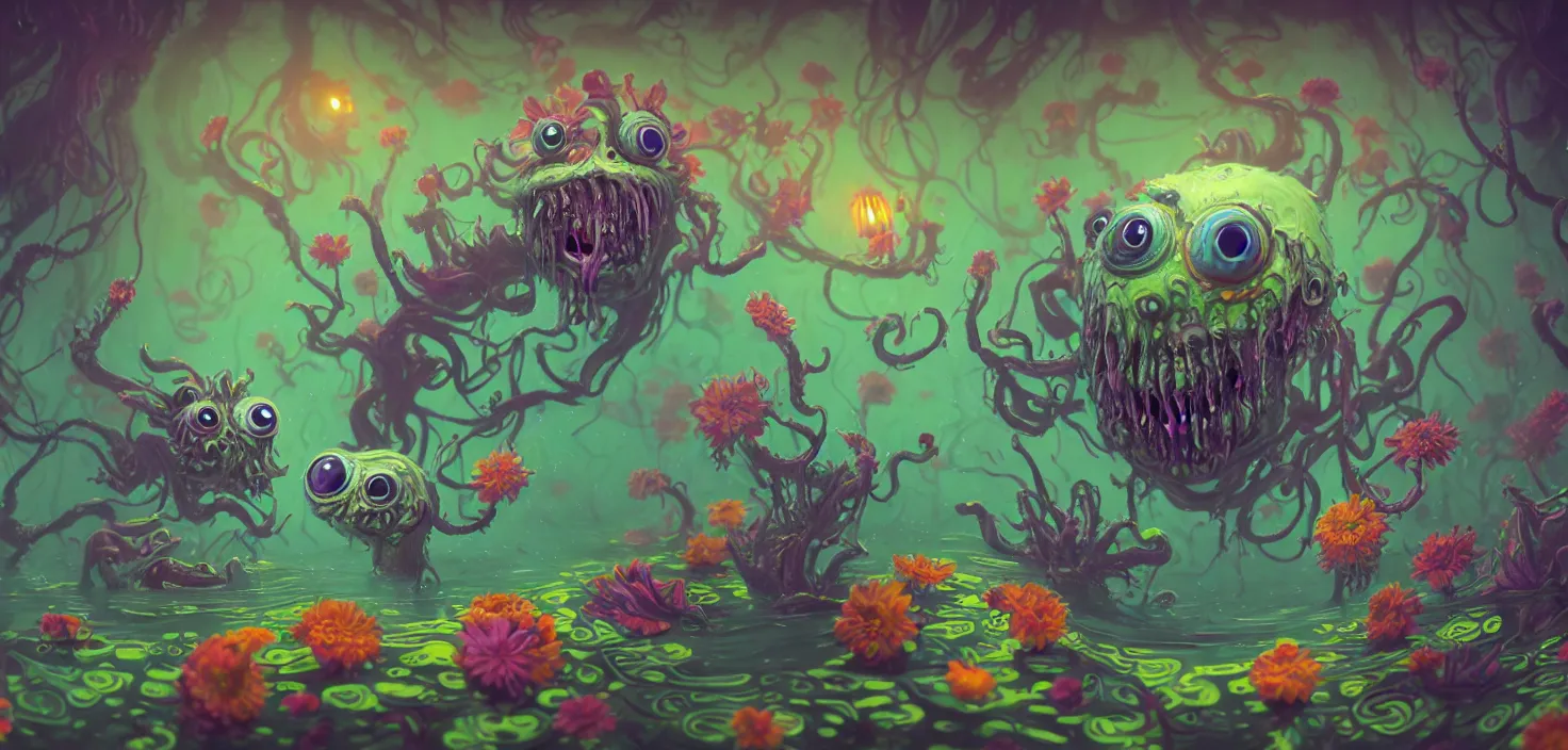 Prompt: intricate colourful murky with strange cute friendly horror crazy monsters with huge beauty eyes long tongue triangle teeth and scary face appearing from the flowers in water, in the style of craola, shallow depth of field, highly detailed, digital painting, trending artstation, concept art, illustration, cinematic lighting, vibrant colors, photorealism, epic, octane render