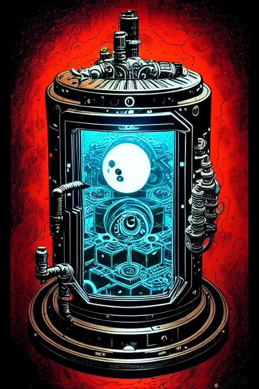 Image similar to steampunk cryo chamber containing an eyeball, high details, intricately detailed, by vincent di fate, inking, 3 color screen print, masterpiece, trending on artstation,, sharp, details, hyper - detailed, hd, 4 k, 8 k