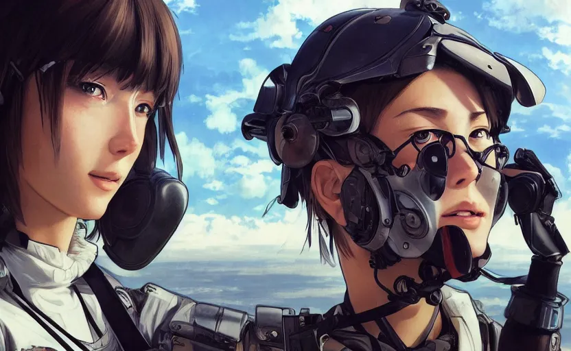 Image similar to a flying girl, fused aircraft parts, military pilot clothing, anime style, short hair, hair down, symmetrical facial features, from arknights, hyper realistic, 4 k, rule of thirds, extreme detail, detailed drawing, trending artstation, hd, realistic lighting, by alphonse mucha, greg rutkowski, shoulder eyes, backlit