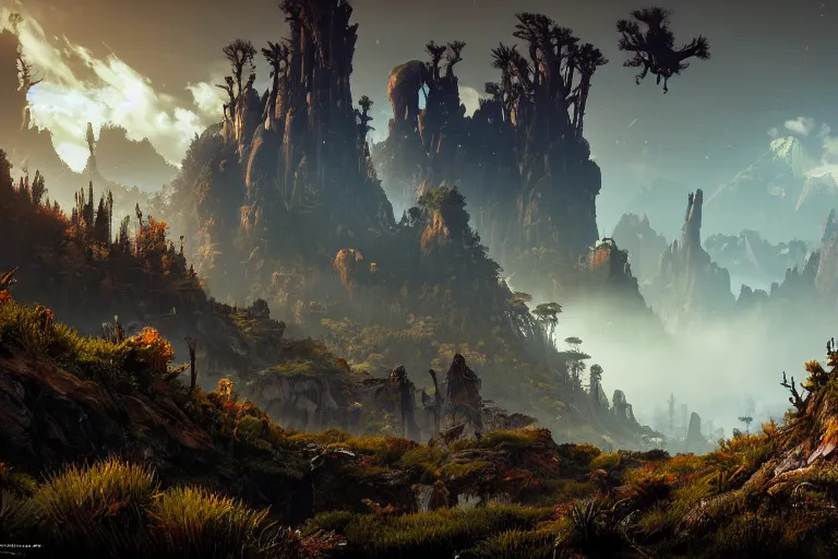 Image similar to wide epic shot from horizon forbidden west with a view on a hyper detailed organic mechanic creatuve realistic similar look as horizon forbidden west horizon zero dawn, bioluminiscence in a dark deep forest at dawn in spring, with reflection and textures, by kilian eng, substance painter realistic mech surface metal painted scratches, world env from horizon forbidden west horizon zero dawn