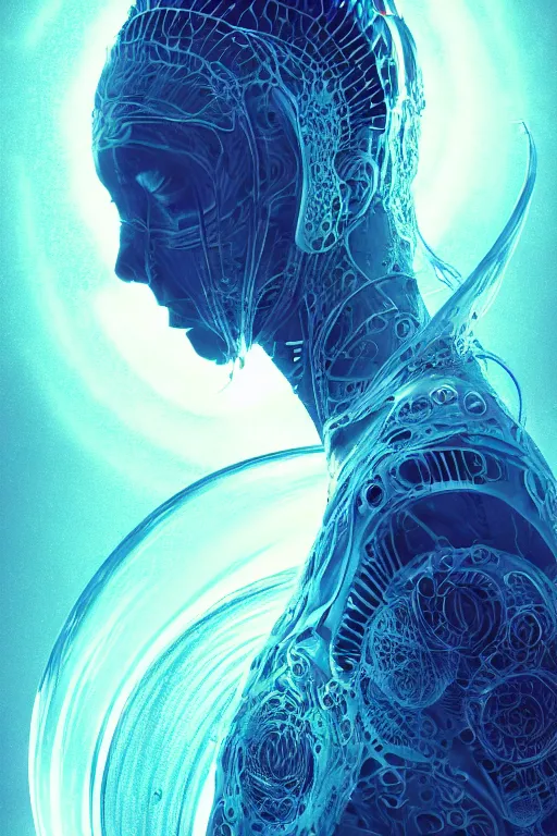 Prompt: a centered render of an ancient futuristic shaman with digital modifications surrounded by a underwater ink pour and flowing liquid gallium and complex sacred geometry, perfect body and face, powerful, cinematic, beautifully lit, by beeple, by artgerm, by karol bak, 3 d, trending on artstation, octane render, 8 k