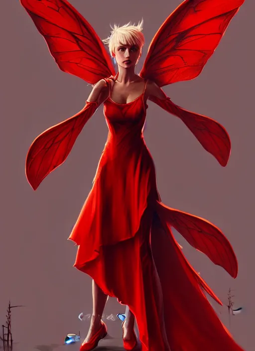 Image similar to Full-body illustration of tiny pixie, D&D fantasy, wearing a red dress, with large wings, intricate, highly detailed, digital painting, artstation, concept art, sharp focus, illustration, art by greg rutkowski and Ross Tran
