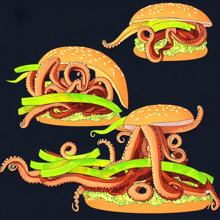 Image similar to illustration of a an octopus inside a cheeseburger, highly detailed, 8 k, vintage, screen print, trending on artstation