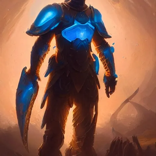 Prompt: a knight in amazing fantasy armor that glows, bursting with blue light, sleek, lightweight but imposing, light glowing from the seams. beautiful highly detailed fantasy painting by greg rutkowski