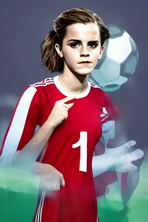 Image similar to emma watson as lokomotiv football player, hyper realistic, highly detailed