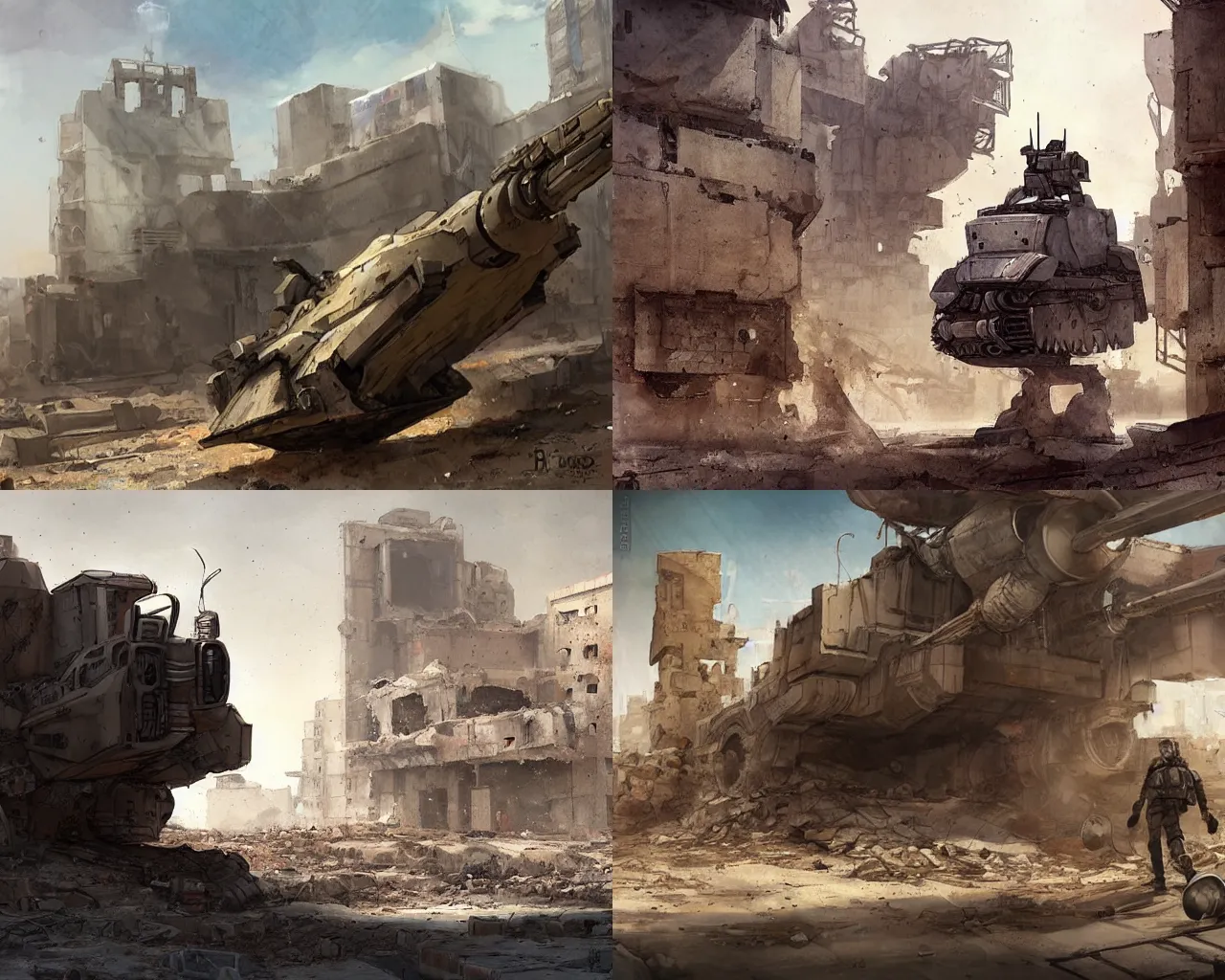 Prompt: a mech tank in the ruins of a middle eastern city by ronan le fur
