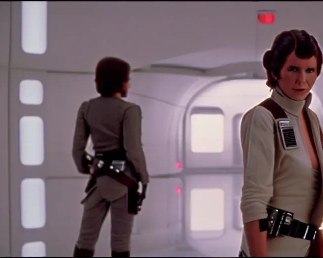 Image similar to screenshot of Han Solo standing next to Princess Leia Organa kiss, alone, pensive, iconic scene from 1980s Star Wars film directed by Ridley Scott, in a sci fi nursing home architecture, last jedi, 4k HD sharp, cinematic still frame, photoreal, detailed face, moody lighting, stunning cinematography, anamorphic lenses, kodak color film stock