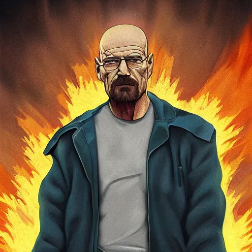 Image similar to buff Walter White walking out of an explosion, accurate anatomy, accurate hands, highly detailed, digital art, profile pic,