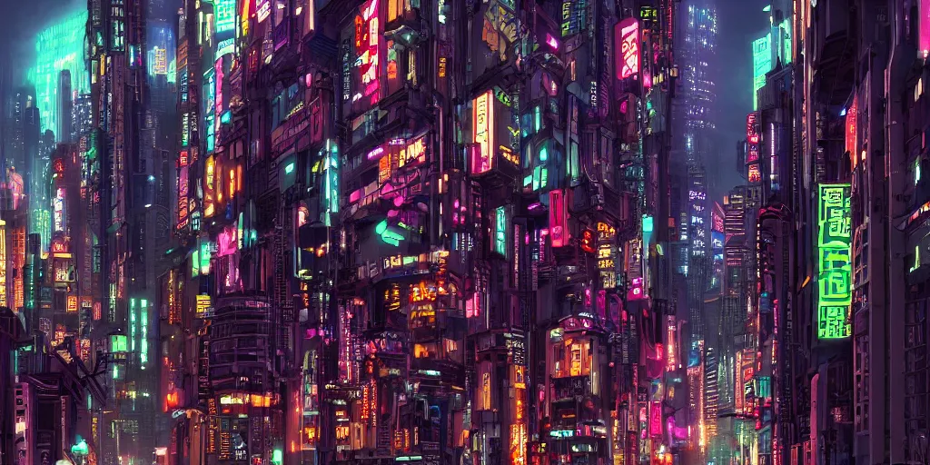 Image similar to Cyberpunk neon city in Japan, evening, detailed matte painting, cinematic, Moebius, Artstation