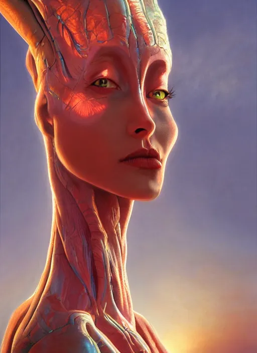 Prompt: biblical beautiful alien female android, bright glowing veins, in clouds, sunset, portrait, studio light, by gerald brom, by peter elson, muted colors, extreme detail, reflections, trending on artstation, 8 k