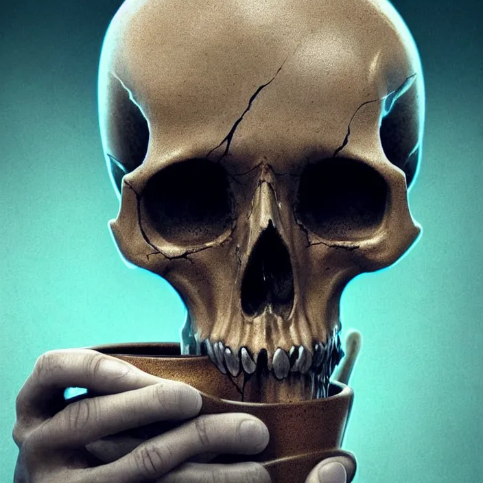 Prompt: portrait of skull, drinking coffee. intricate artwork. octane render, trending on artstation, greg rutkowski very coherent symmetrical artwork. cinematic, hyper realism, high detail, octane render, 8 k, iridescent accents