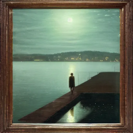 Prompt: gatsby on his dock at night, looking at the dim green light across the water, realism, detailed, atmospheric,