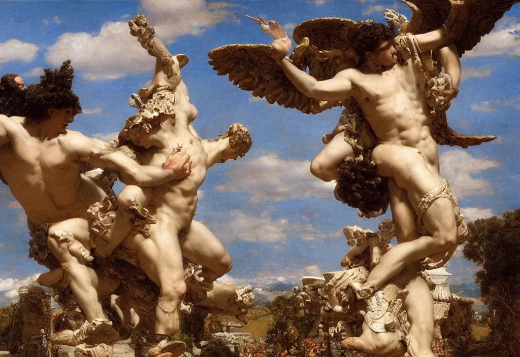 Image similar to the god of love eros soaring in the skies with apollo, ancient ruins by lawrence alma - tadema style, very detailed, anatomically correct, path traced lighting, soft natural lighting