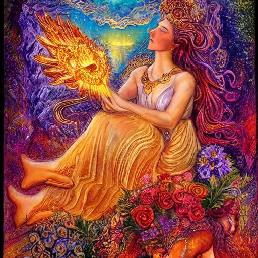 Image similar to goddess by josephine wall, checking her phone, sitting on flying golden ram, erupting volcano in distance, flowers in foreground, sunset, stars in sky, fantasy