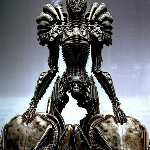 Prompt: still frame from Prometheus movie by giger, necron lord skorpekh editorial by Malczewski, biomechanical armoured knight by Wayne Barlowe, ornate elaborate complex artifact of annihilation