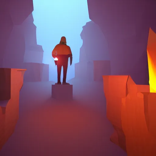 Image similar to a man holds a torch and explores a Dungeon, luminous, low poly