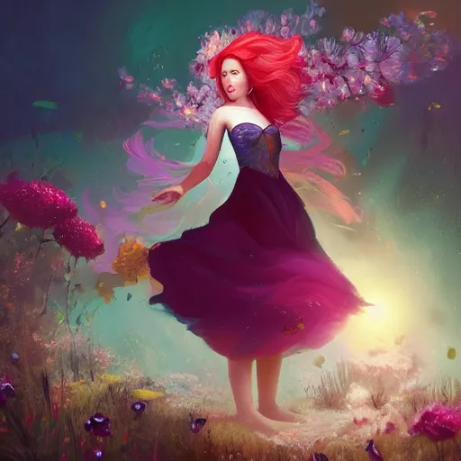 Image similar to Triss Merigold in a swirling sundress of flowers, underwater, floral explosion, radiant light, vortex of plum petals, by WLOP, Beeple and artgerm, artstation, deviantart