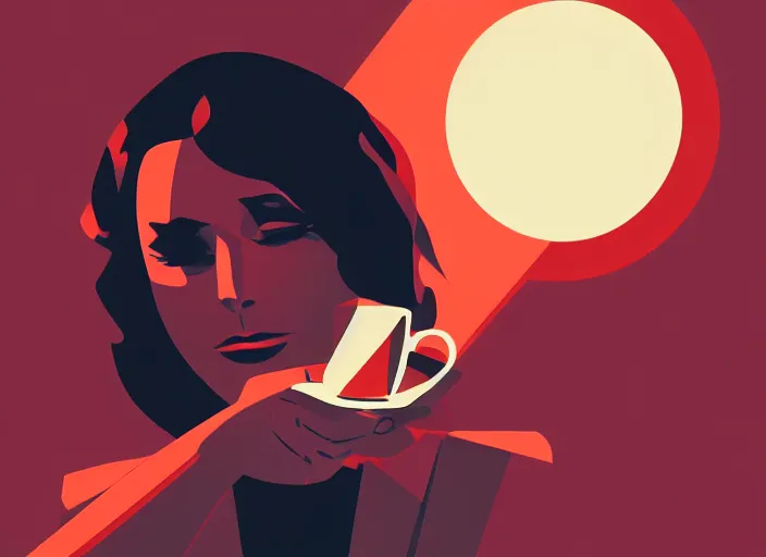 Image similar to portrait of a heroine drinking coffee,vivid, Mads Berg, Karolis Strautniekas, dramatic lighting,film grain, editorial illustration, detailed, gradation, dynamic composition,moody, cinematic,extreme perspective,bright colors, art deco illustration