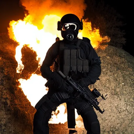 Image similar to portrait of a burning head swat agent with a tactical helmet and goggles holding a machine gun, centered, at night, mid shot, editorial photography