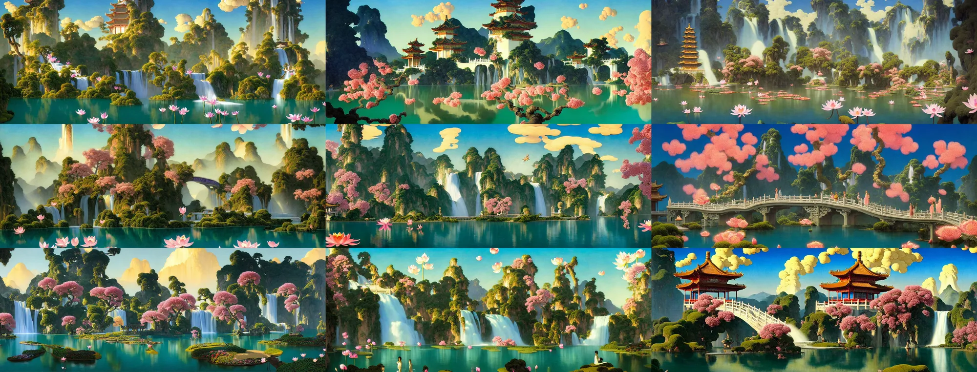 Image similar to a gorgeous painting by barlowe wayne, maxfield parrish and marco mazzoni. xanadu chinese temple on a platform that extends over a great waterfall, a huge tallest magnificent peach blossom tree glowing, bridge. azure. ultra clear detailed. 3 d, octane render. a lake full of lotus flowers, chinese cloud. 8 k.