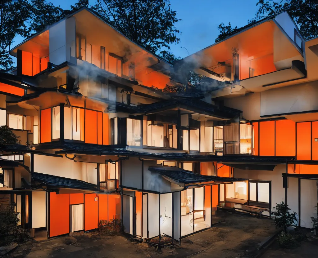 Prompt: photo of the exterior of a japanese modern house with open lit doorways, dramatic lighting, smoke, ceiling fluorescent lighting, black and orange colour palette