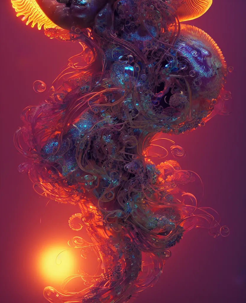 Image similar to goddess close-up portrait. chimera orchid jellyfish phoenix head, nautilus, skull, betta fish, bioluminiscent creatures, intricate artwork by Tooth Wu and wlop and beeple. octane render, trending on artstation, greg rutkowski very coherent symmetrical artwork. cinematic, hyper realism, high detail, octane render, 8k