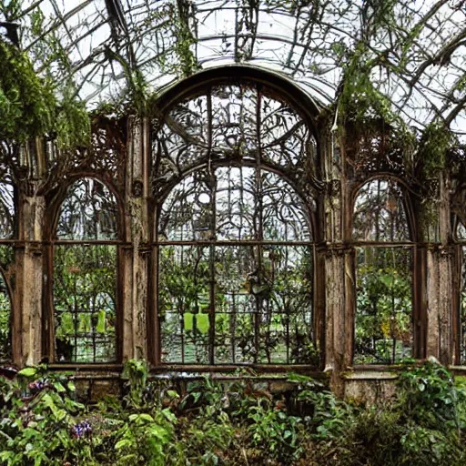 Image similar to abandoned overgrown art nouveau winter garden, epic details
