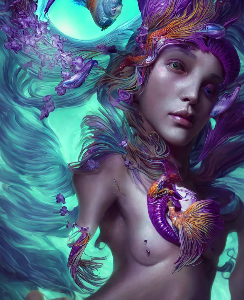 Image similar to goddess full color painted acryllic sculpture close-up portrait. orchid bird phoenix head, nautilus, skull, betta fish, bioluminiscent creatures, intricate artwork by Tooth Wu and wlop and beeple. octane render, trending on artstation, greg rutkowski very coherent symmetrical artwork. cinematic, hyper realism, high detail, octane render, 8k