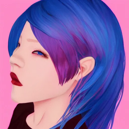Prompt: girl with blue hair, lesbian cottagecore, pink gradient background, trending on artstation