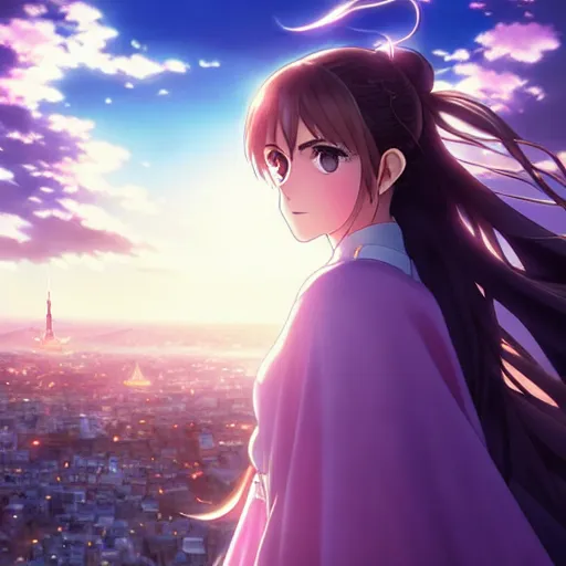 Image similar to medium portrait emma watson in heavens feel movie, detailed face, violet evergarden, tokyo, ufotable, key visual, cinematic, city background, night time, street, fate stay night, unlimited blade works, greg rutkowski, high resolution, street clothes, anime, high budget