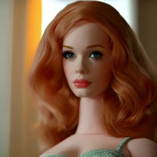 Image similar to amazing beautiful Christina Hendricks barbie doll in the living room, film still from the movie directed by Denis Villeneuve , wide lens