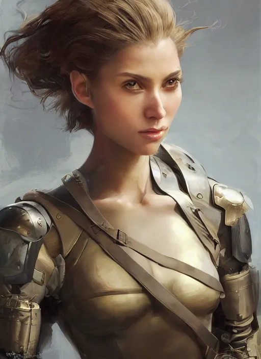 Image similar to a professional painting of a beautiful young female, clothed in military armor, olive skin, long dark hair, beautiful bone structure, symmetrical facial features, intricate, elegant, digital painting, concept art, smooth, sharp focus, illustration, from Metal Gear, by Ruan Jia and Mandy Jurgens and Artgerm and William-Adolphe Bouguerea