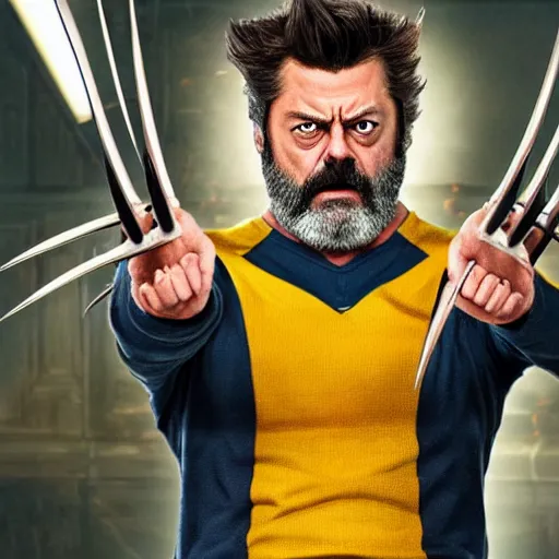 Image similar to logan wolverine with 3 claws released from his wrist as nick offerman, photorealistic mervel movie still, detailed, 8 k, digital art