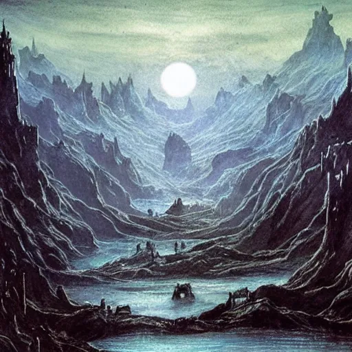 Image similar to minas morgul detailed water paint in the style of Caspar david Friedrich, very detailed, intricate,