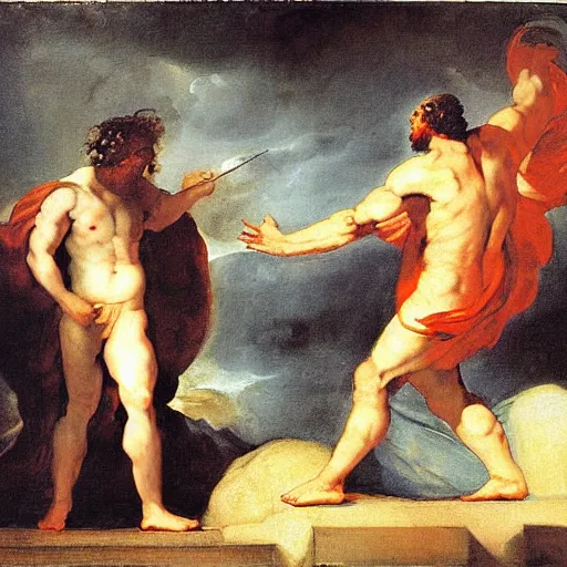 Image similar to zeus vs thor by francisco goya, mythological painting, oil painting