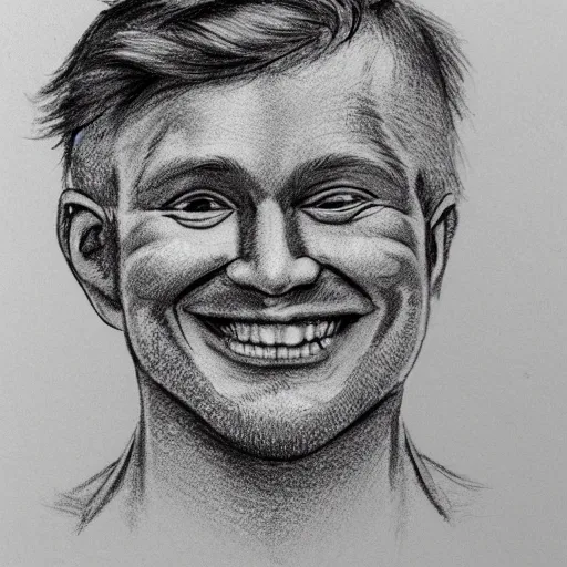 Image similar to police sketch of a man with no eyes and an impossibly wide smile, detailed shading,