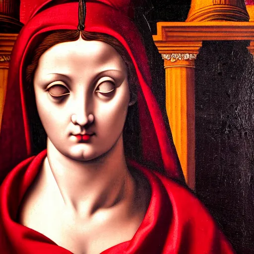 Image similar to close up portrait of the goddess of blood in silk robes of blood, cultists watching, red hoods, candle lights, renaissance, baroque, gothic, high detail, dark lighting, atmospheric, extremely detailed, intricate, da vinci, michelangelo, caravaggio, 8 k