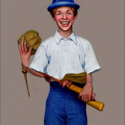 Prompt: Finn from adventure time. A blue eyed 12 year old boy with a toothy grin wearing a white hat that covers his hair and ears. Photorealistic. Norman Rockwell