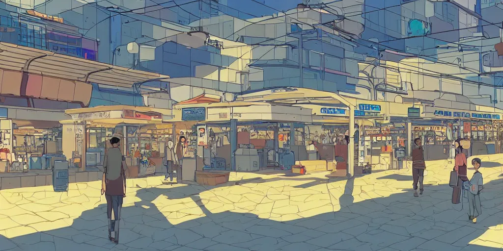 Image similar to an israeli bus station in tel aviv, noon, sunlights, wide shot, digital art, ghibli style, makoto shinkai, flat colors