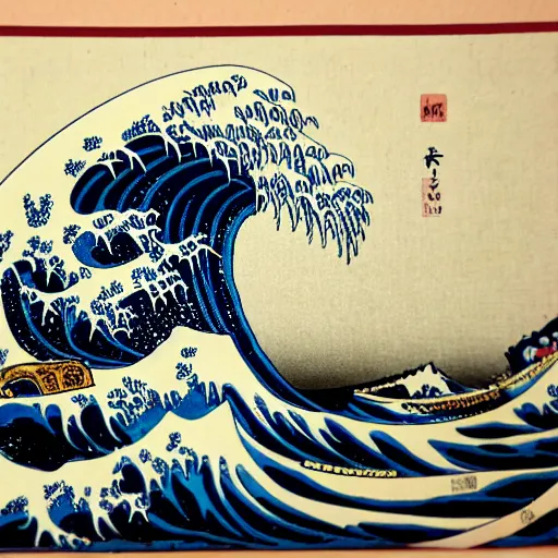 Prompt: A tsunami in the style of Ukiyoe