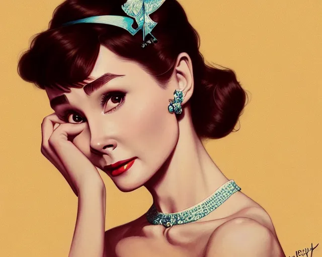 Image similar to photography of audrey hepburn in breakfast at tiffany's, deep focus, intricate, elegant, highly detailed, digital painting, artstation, concept art, matte, sharp focus, illustration, art by artgerm and greg rutkowski and alphonse mucha