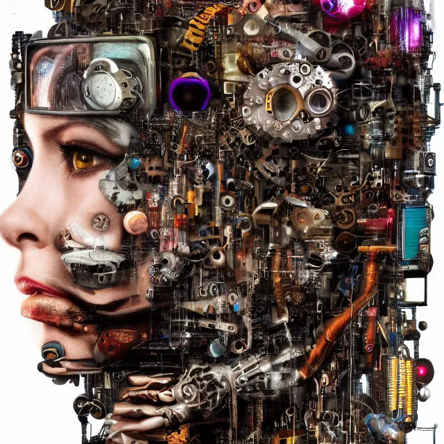 Image similar to profile portrait of a woman, computer parts, mechanical parts, by giuseppe arcimboldo, cyberpunk, futuristic, psychedelic, surreal, sci - fi, dreamlike.