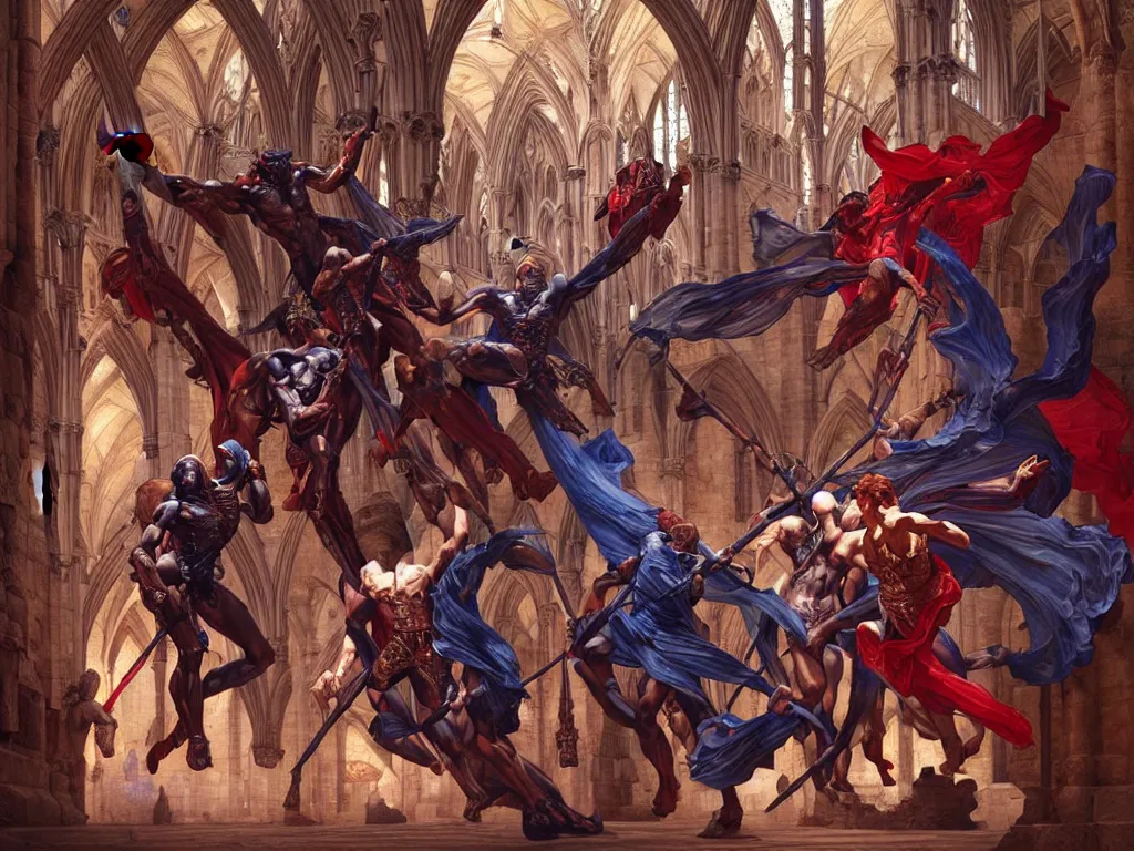 Image similar to epic battle between human warriors mages and demons, inside cathedrals and abbeys, fullbody!! dynamic action pose, religious, intricate, elegant, highly detailed, digital painting, artstation, concept art, smooth, sharp focus, red and blue color scheme, illustration, art by artgerm and greg rutkowski and alphonse mucha