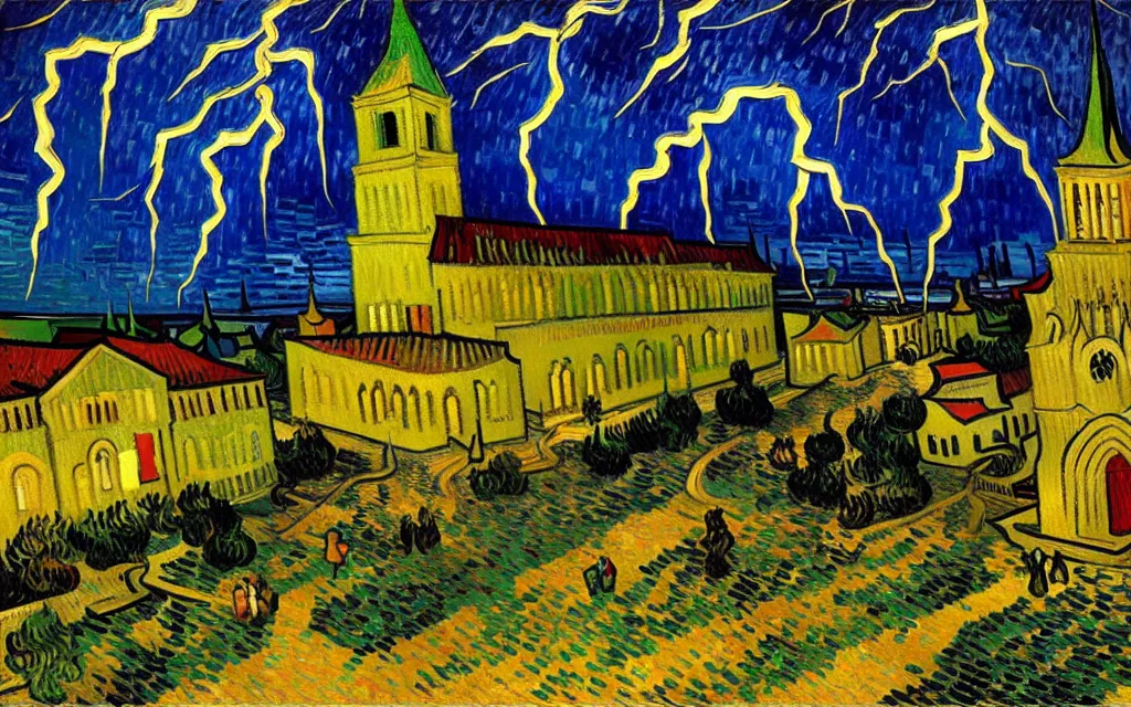 Image similar to detailed expressionist oil painting by van gogh of lightning storm over a tall gothic church, landscape painting, expressionism, 8 k resolution, smooth, sharp focus, matte painting
