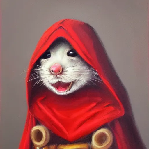 Prompt: a bipedal rat wearing red riding hood costume, fantasy art, trending on artstation, oil on canvas