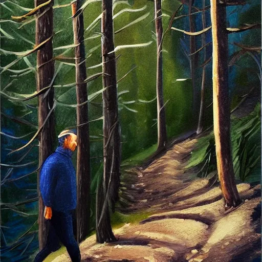 Prompt: man biking up a steep forest hill with a deep dark blue sweater. sweaty. Oil painting. Emotional. Trending on artstation. Steep. Nordic Trees. Rustic. Artistic.