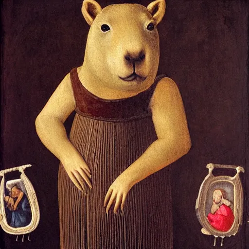 Prompt: a capybara wearing medieval clothes on a black background in a renaissance painting