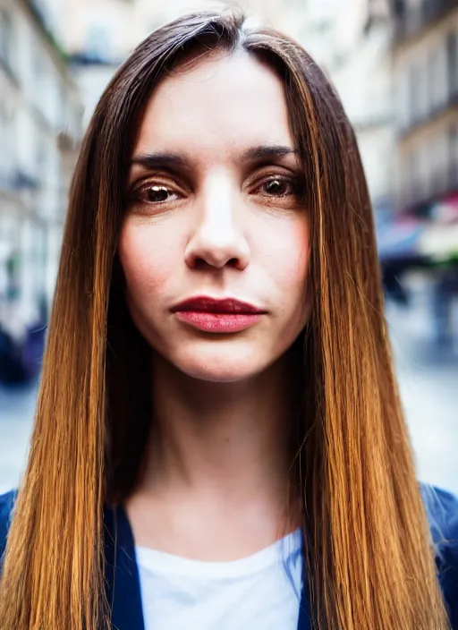 Prompt: color Close-up portrait of a beautiful, stylish, 30-year-old French woman street background, with long, straight hair, street portrait in the style of Mario Testino award winning, Sony a7R